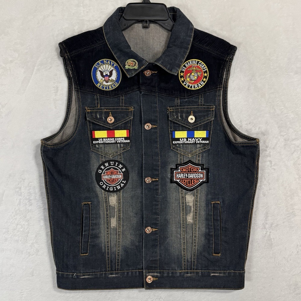 Retired Military Patchwork Denim Biker‎ Vest Large Marines Navy Harley Semper Fi